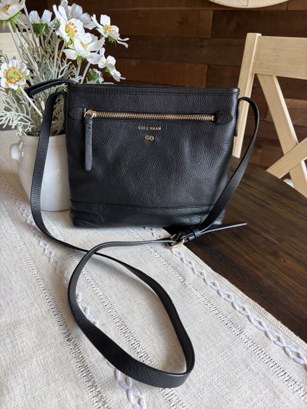 Cole Haan Black Pebbled Leather Crossbody with Gold Hardware